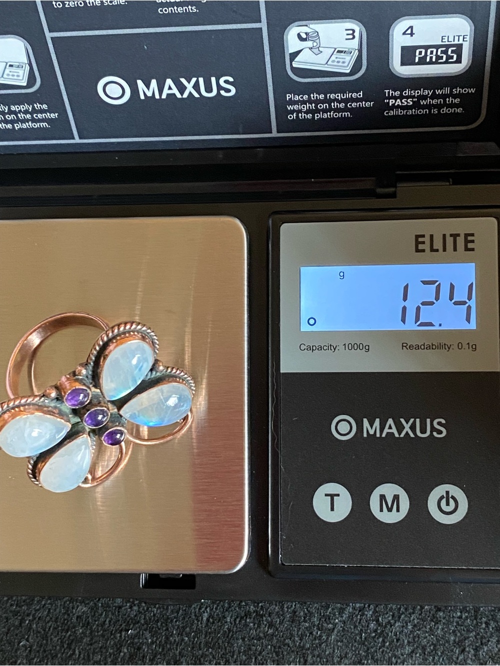R52 Moonstone/Amethyst multi-stone copper butterfly ring | size: Adjustable - Picture 9 of 9